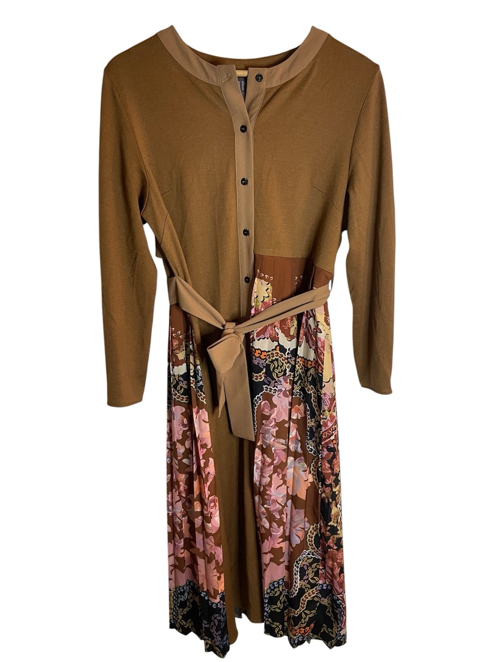 NNA Brown Long-Sleeve Button Front Dress with Floral Panel Skirt Size Medium